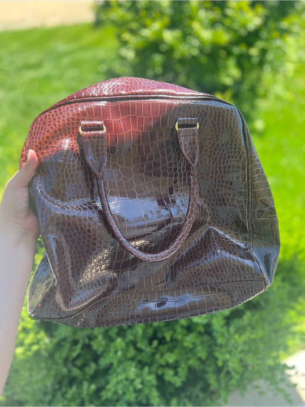 Glossy Croc-Embossed Brown Dome Satchel